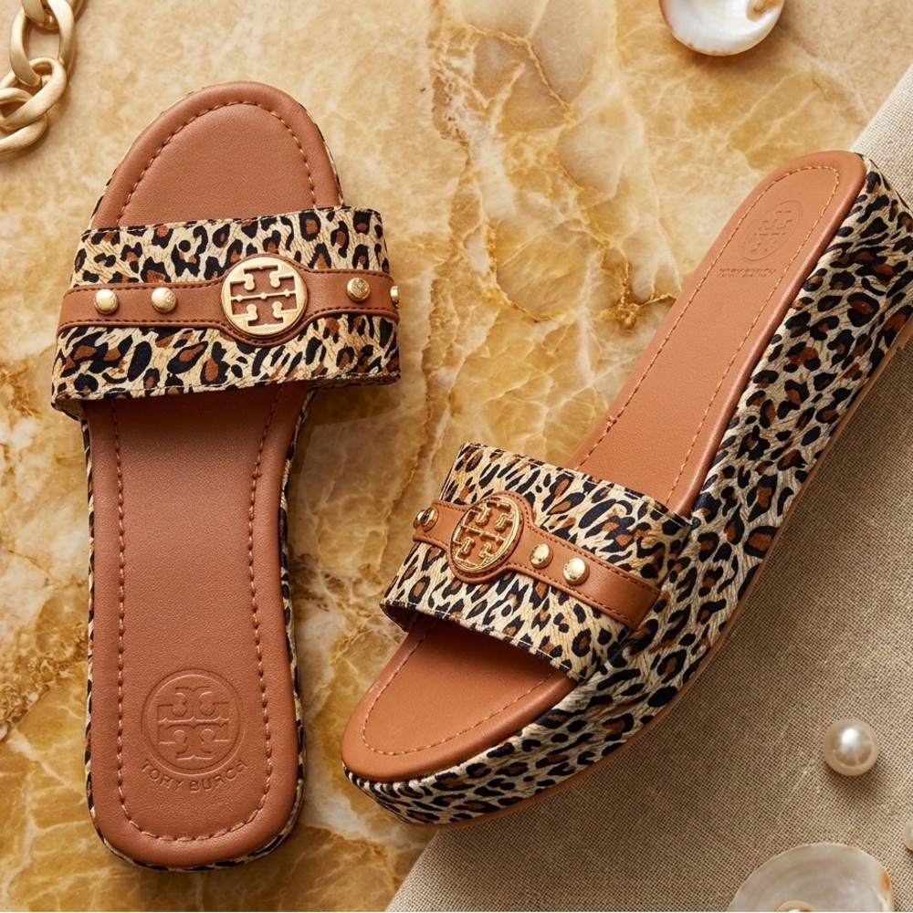 Tory Burch Leopard Print Platform Slide Sandals in Tan and Leopard